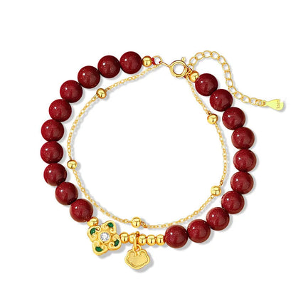 Sterling silver women's bracelet with Ruyi Xiangyun cinnabar flower geometric design