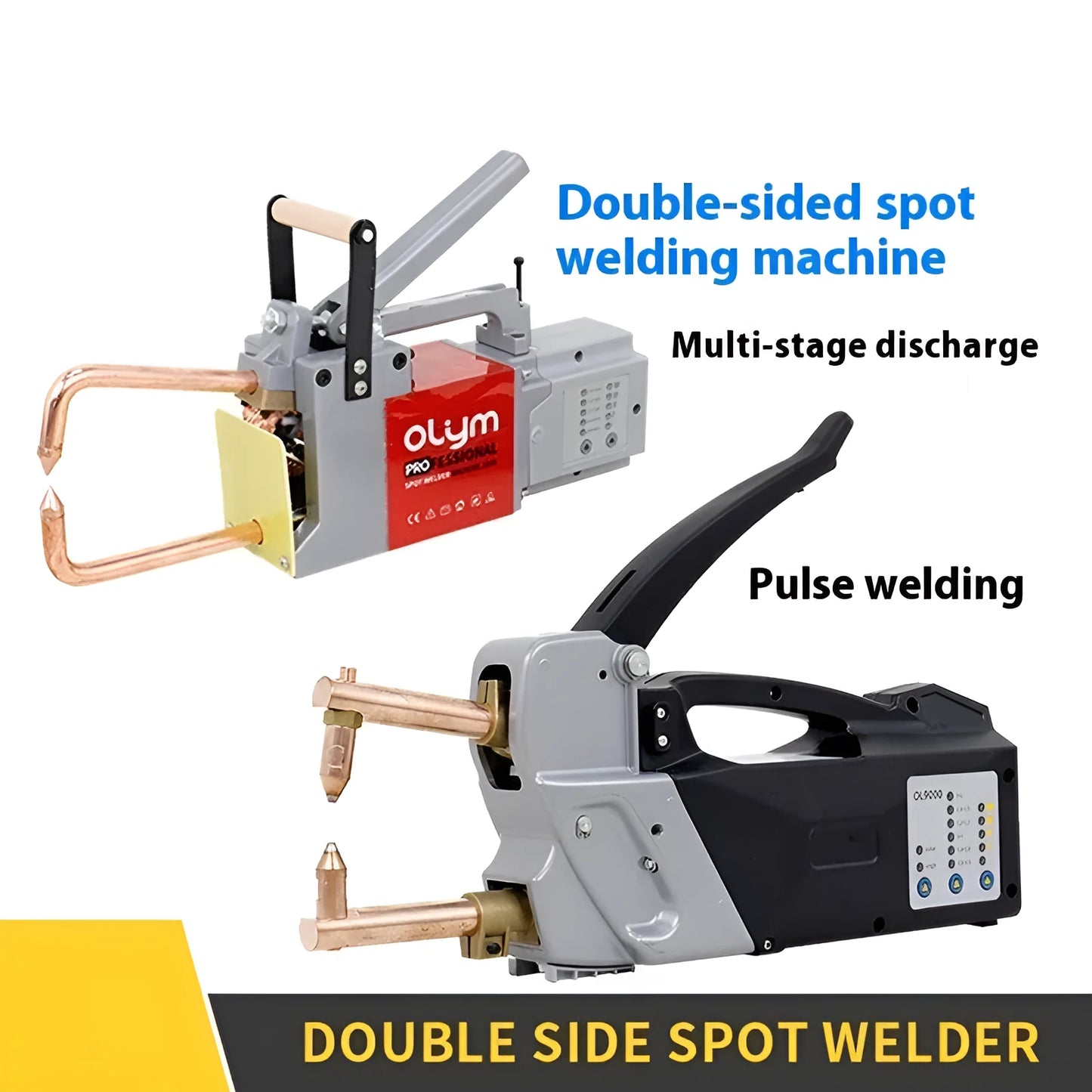 OL8000 manual double-sided spot welding machine with pulse control and set of round and pointed electrode heads.