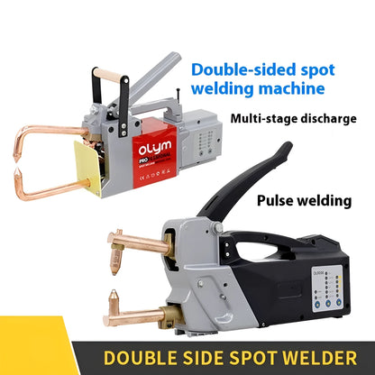 OL8000 manual double-sided spot welding machine with pulse control and set of round and pointed electrode heads.