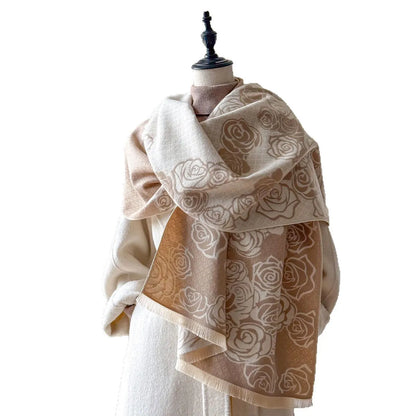 Cashmere-like winter scarf in grey, black, blue, or khaki with tassel details, shown flat to display its 185x65cm size.