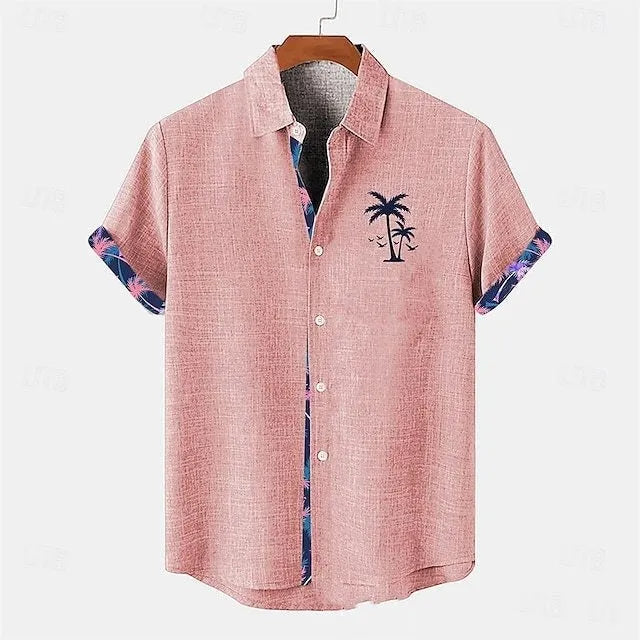 Linen short-sleeve shirt with ocean fish pattern on lapel, loose fit design, shown in one of 12 available colours
