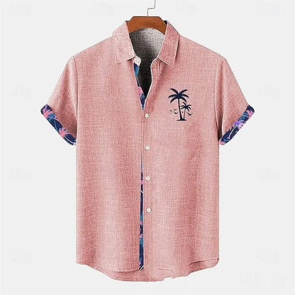 Linen short-sleeve shirt with ocean fish pattern on lapel, loose fit design, shown in one of 12 available colours