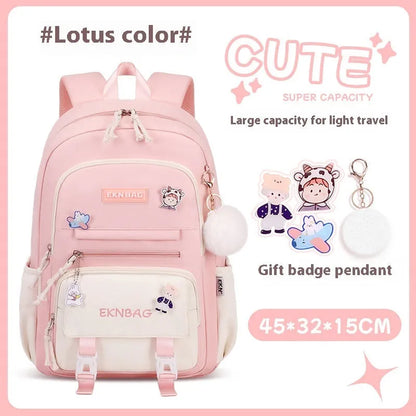 Pink waterproof school backpack for girls with curved ergonomic shoulder straps, shown with matching pencil case.
