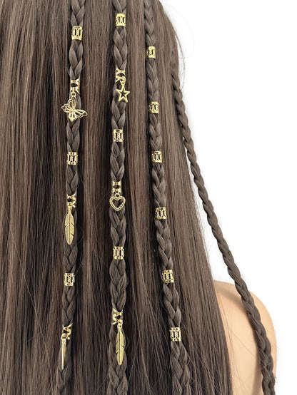 Pack of 26 antique-style dirty braid hair rings in alloy metal with gold electroplated finish.