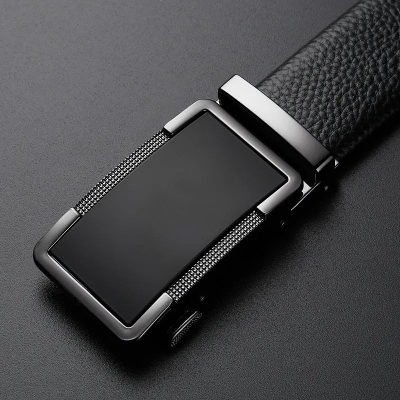 Men's leather belt with automatic buckle in gold, silver and gun black colours showing comfort click mechanism