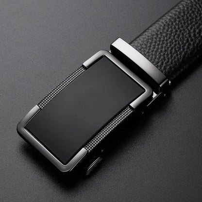 Men's leather belt with automatic buckle in gold, silver and gun black colours showing comfort click mechanism