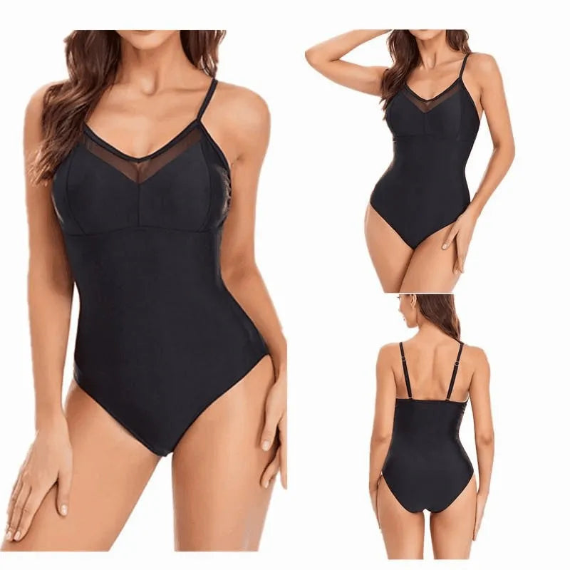 Ladies black mesh backless one-piece swimsuit made from spandex on a mannequin.
