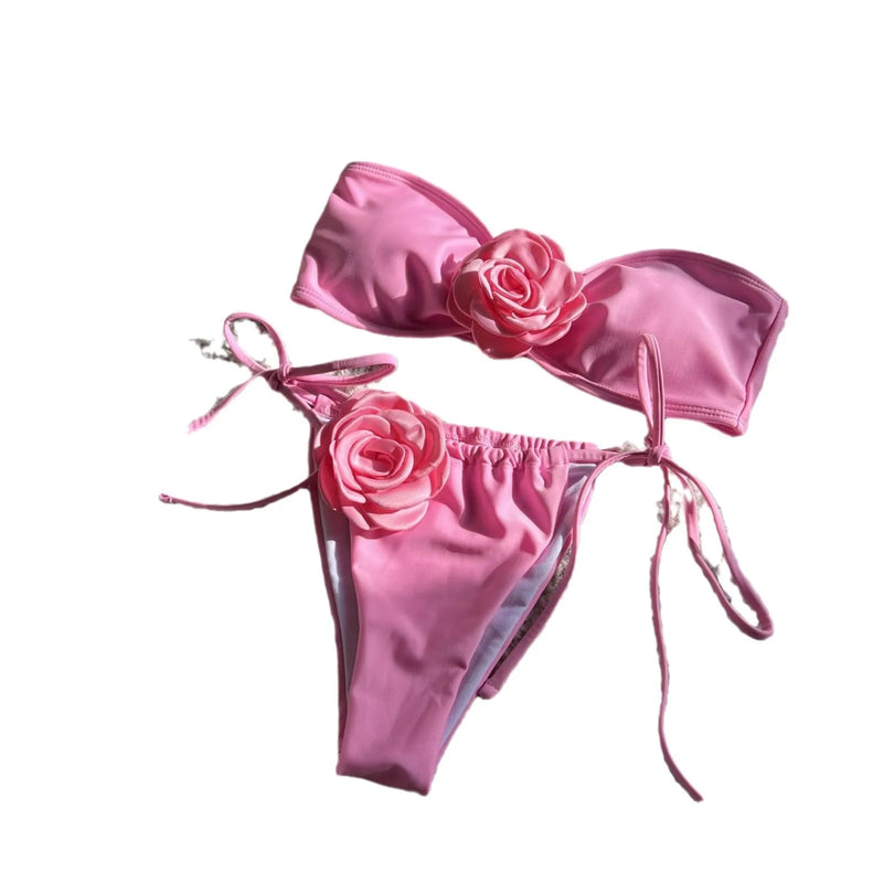 Women's solid colour swimsuit tube top with drawstring adjustable strap and high-cut split brief style, available in nine colours including milky white, black, red, rose red, pink, yellow, dark violet, lake blue, and light purple in sizes S, M, L.
