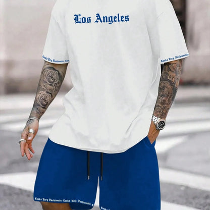 Man wearing a printed short-sleeve sports top and matching shorts in a quick-dry polyester blend.