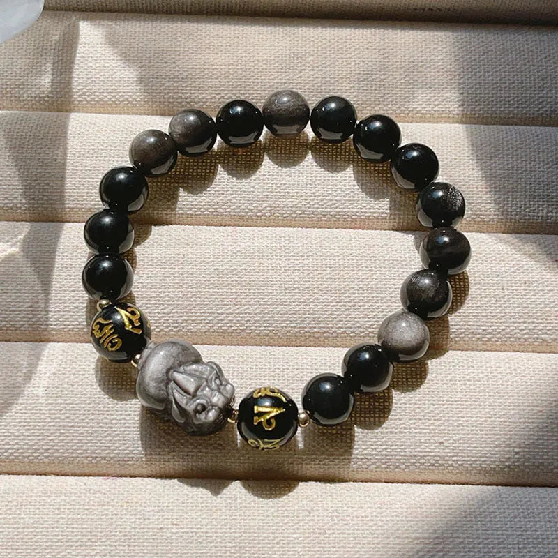 Silver Stone men's bracelet with Chinese style design and zodiac proverbs engraving