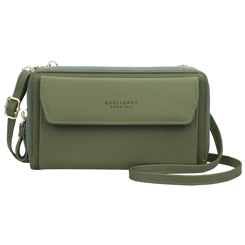 Red soft PU leather long wallet with double zipper, shown as a messenger bag.