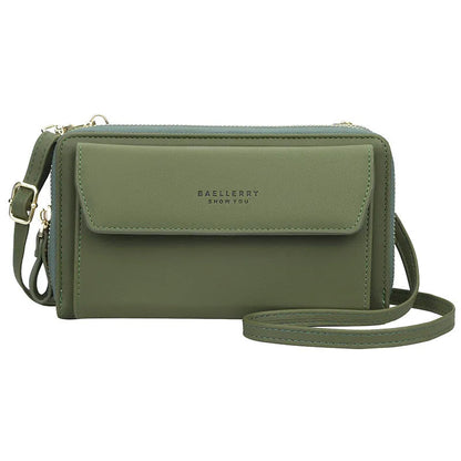 Red soft PU leather long wallet with double zipper, shown as a messenger bag.