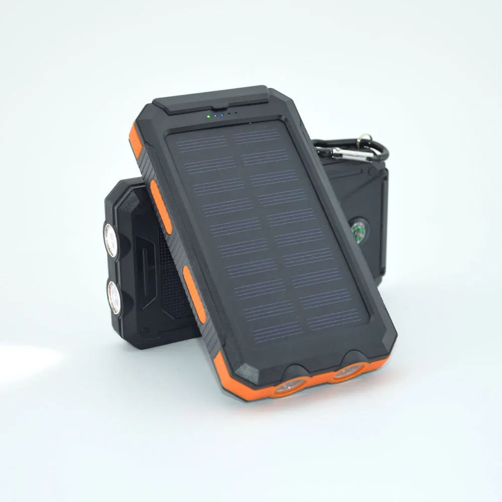 Black solar power bank with compass display and dual LED lights, showing 20000mAh capacity label.