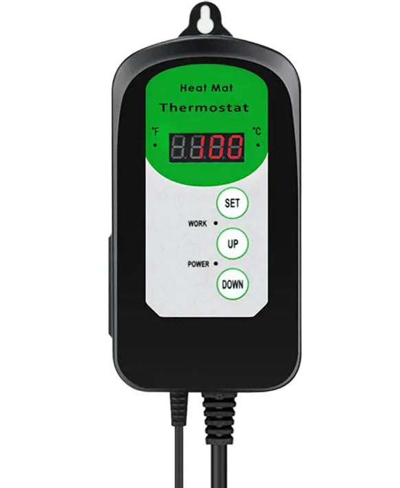 Household digital display temperature and humidity controller with 5°C to 42°C range, 2°C accuracy, and 155mm x 70mm x 55mm compact size for indoor climate monitoring and basic temperature control applications.