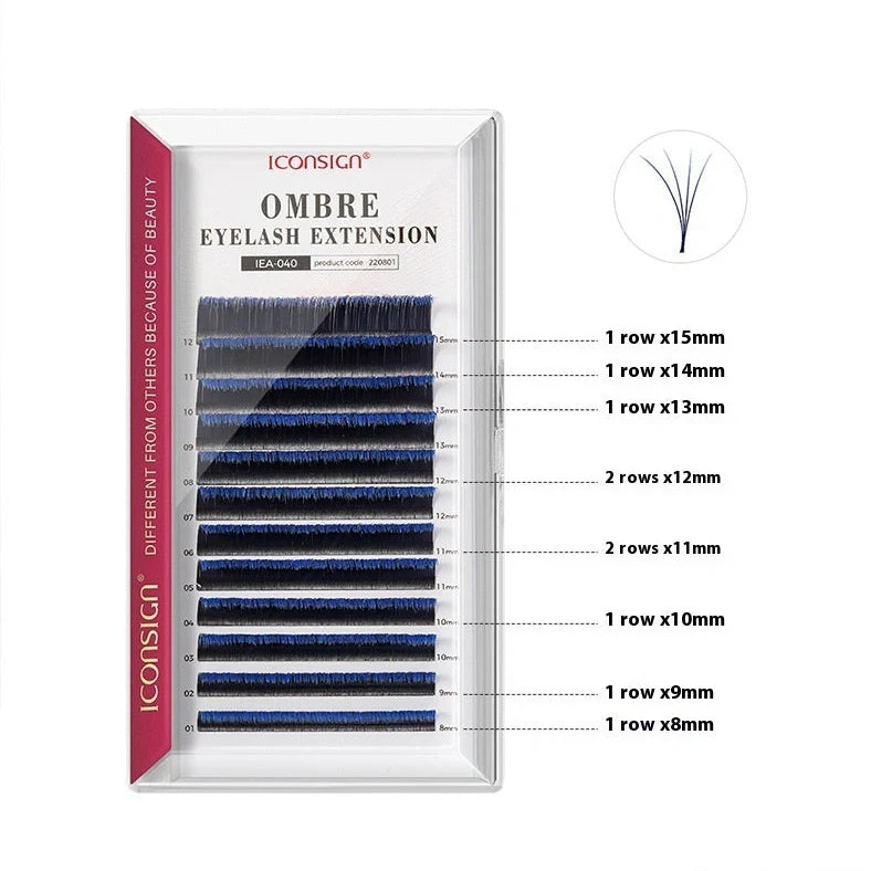 Single graft gradient coloured eyelashes showing four colour options with 8-15mm mixed lengths on fibre material