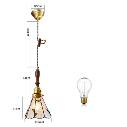 Japanese retro brass and glass chandelier with hand-blown shades and walnut wood details