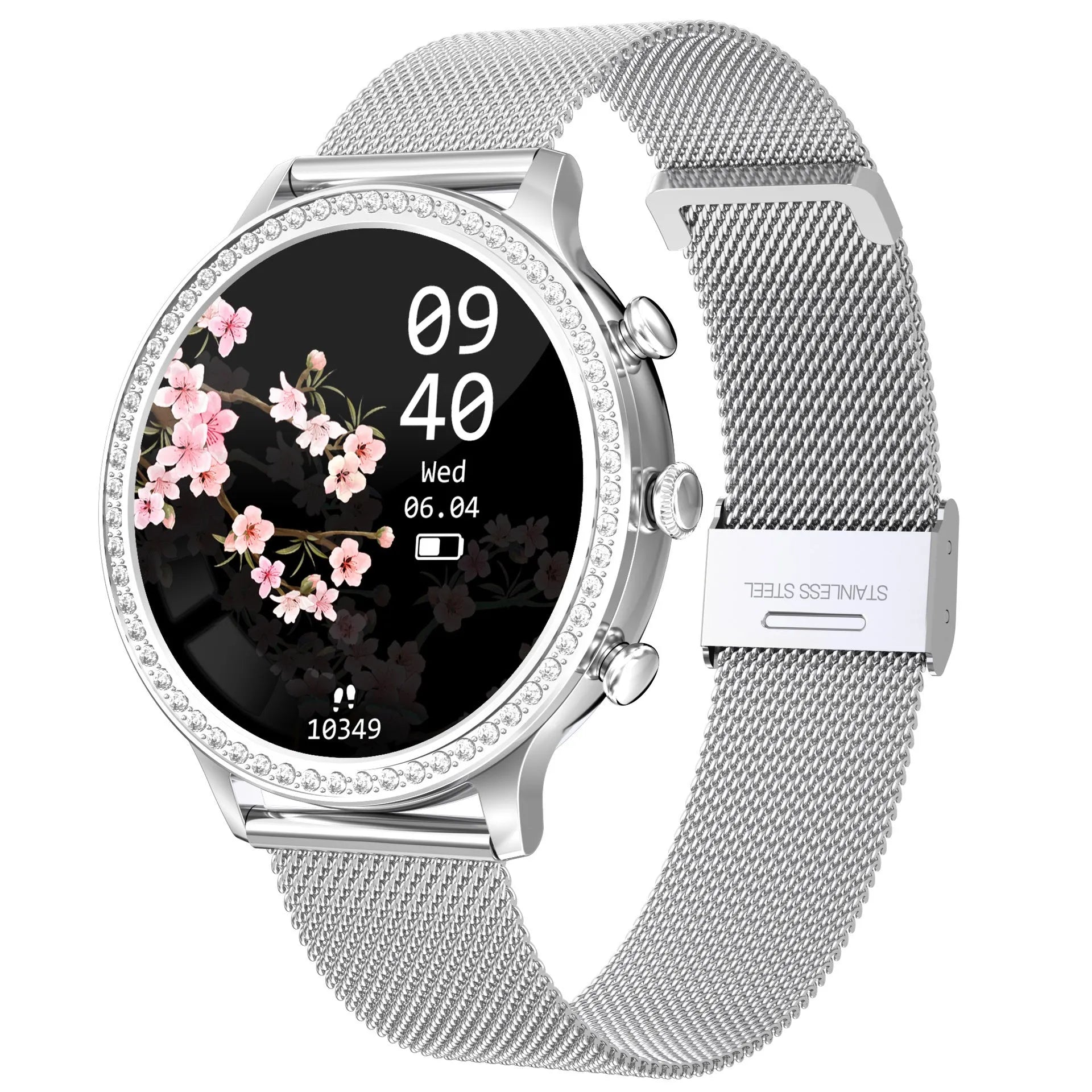 Women's smartwatch with Bluetooth calling on a silicone strap, showing gold and silver colour variants.