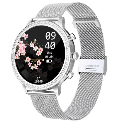 Women's smartwatch with Bluetooth calling on a silicone strap, showing gold and silver colour variants.