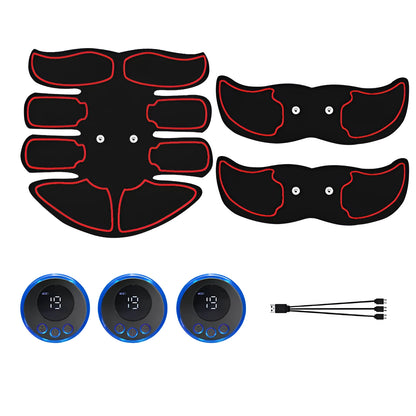 Blue-edged K81 digital abdominal muscle stimulator unit showing display, next to its charging cable.