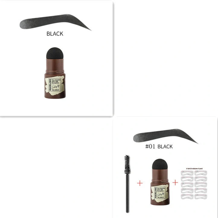 Eyebrow stamp kit with powder compact, air cushion applicator, 10 stencil cards, and dual-ended brow brush on white background