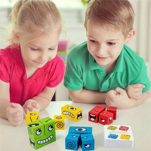 Clever Wooden Emoji Cube Puzzle - Educational Building Blocks for UK Children