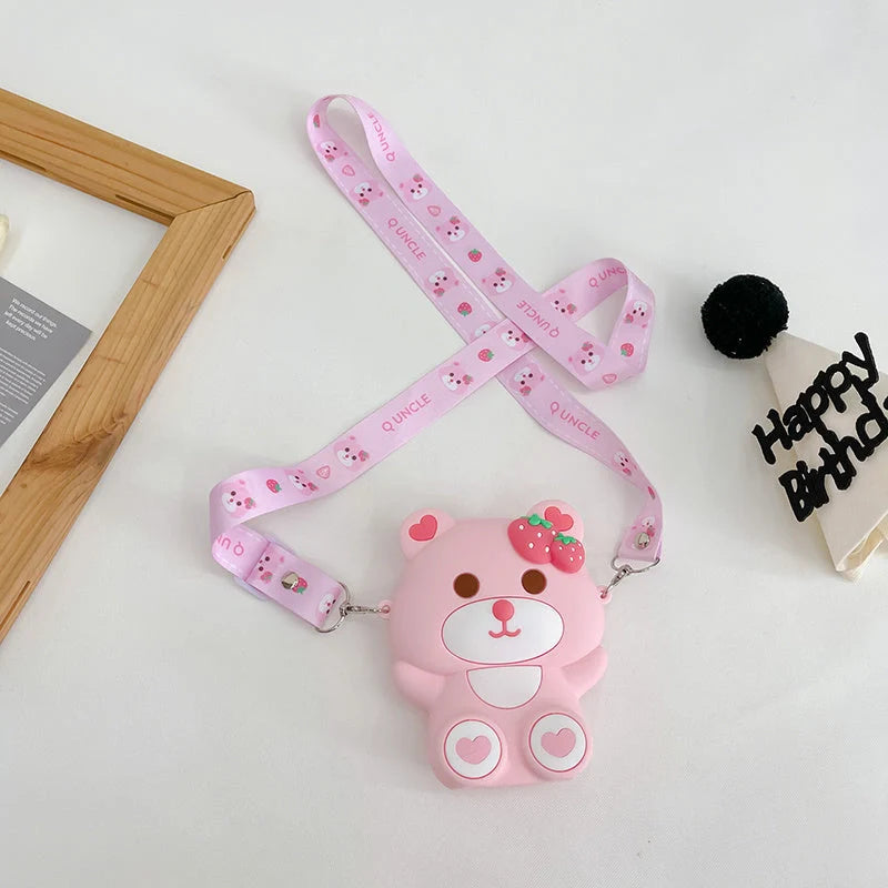 Children's silicone strawberry bear shoulder bag with zipper closure