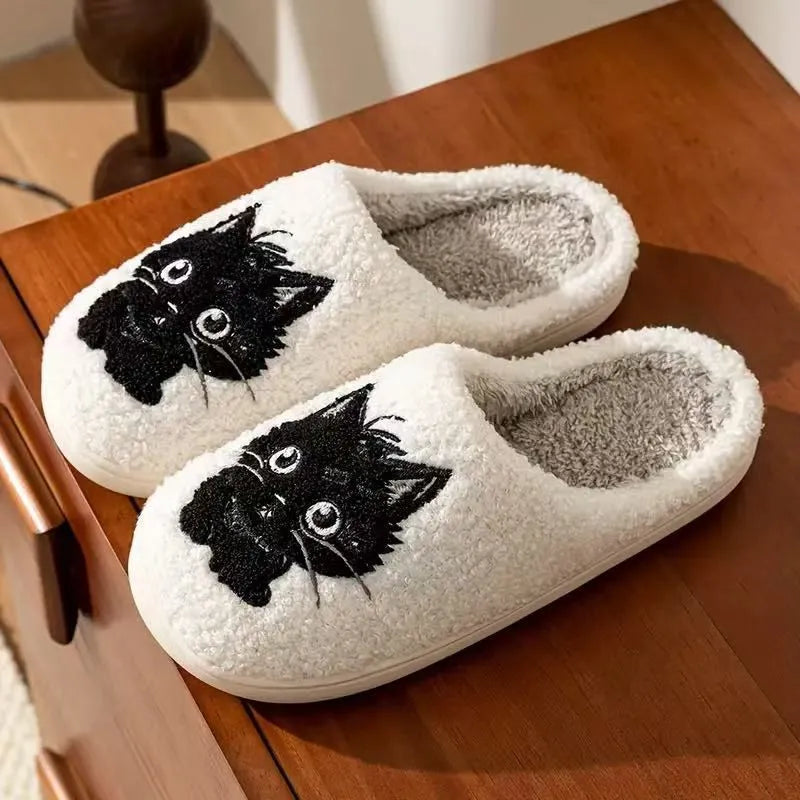 White plush Black Beard Cat cartoon couple slippers with a non-slip TPR sole.