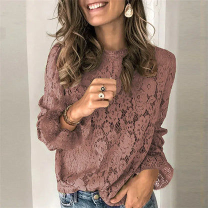 Women's loose fit hollow lace street shirt in green, showing round neck and long sleeves.