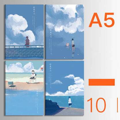 Pack of ten A5 kraft paper thread-bound notebooks with artistic cover designs lying flat.