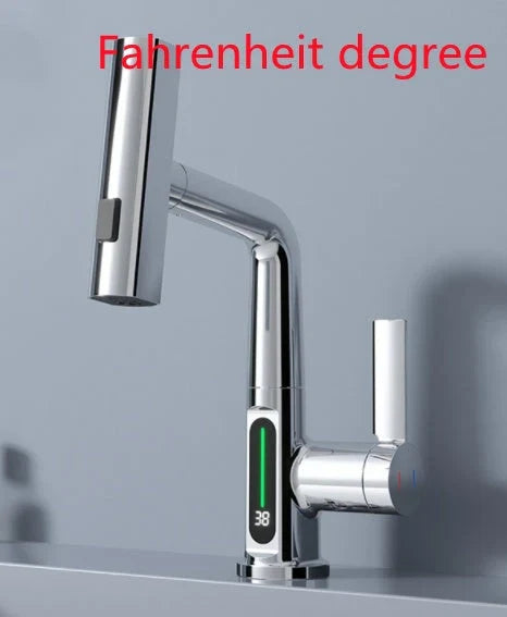Sleek digital faucet with temperature display, 360° rotation, and pull-out hose for modern kitchen and bathroom needs