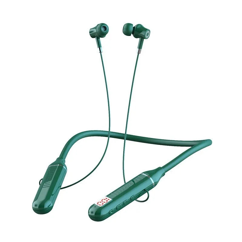 Wireless Bluetooth sports headset with power display card in neck-hanging design, shown in black colour.