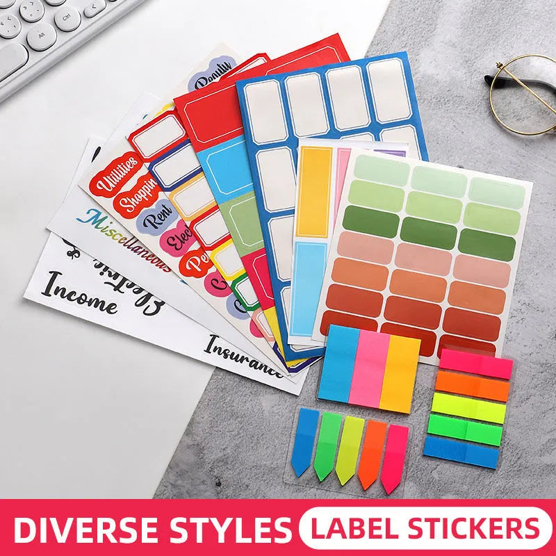Handwritten label adhesive sticker set showing grid layouts, sticky notes, and A6 rulers on paper