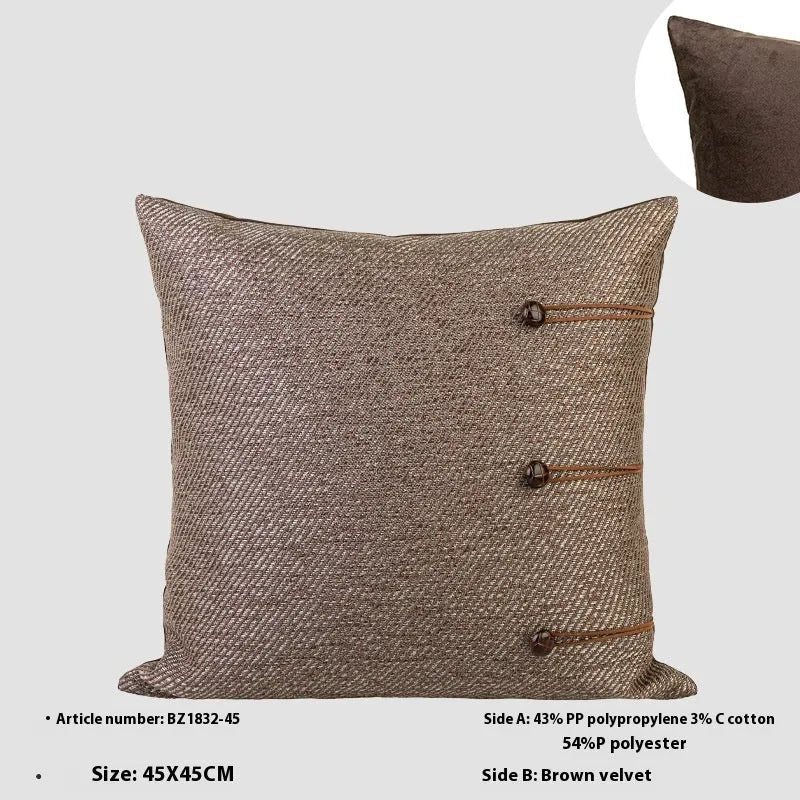 Chinese ancient style 45cm square cushion with geometric pattern in feather velvet, brown colour variations