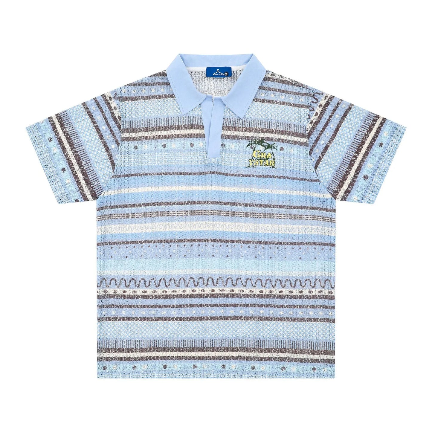 Men's blue and yellow printed short sleeve shirt with loose leisure fit on hanger