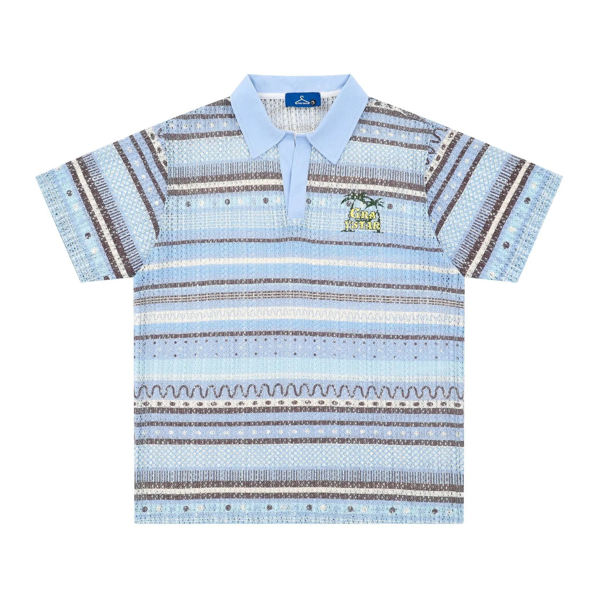 Men's blue and yellow printed short sleeve shirt with loose leisure fit on hanger