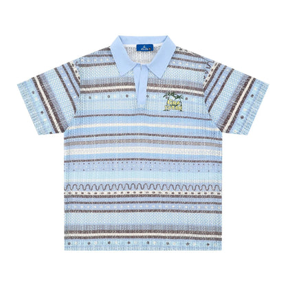 Men's blue and yellow printed short sleeve shirt with loose leisure fit on hanger