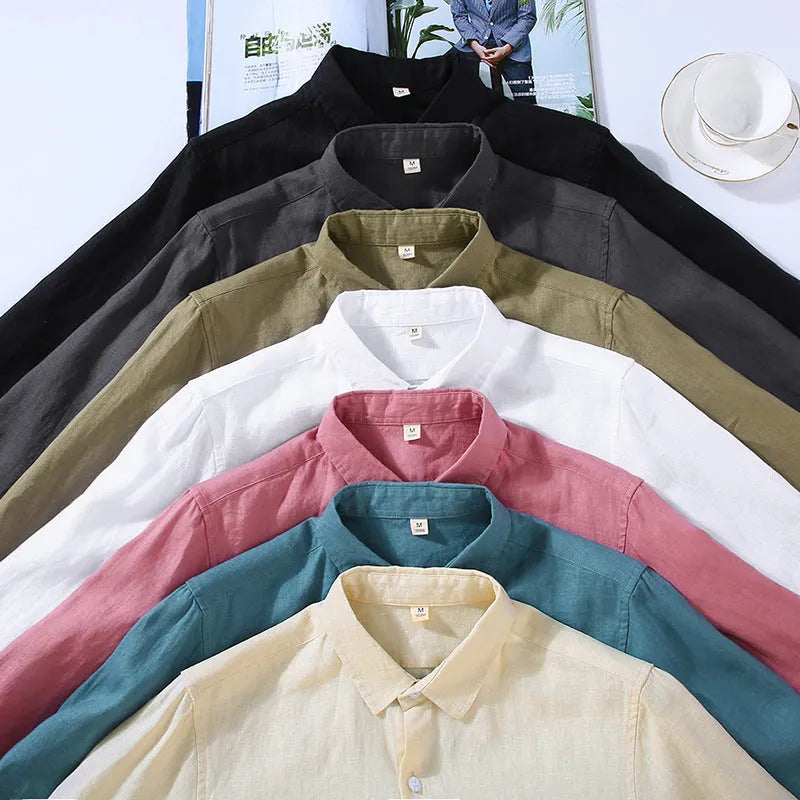 Men's pure linen long sleeve cardigan style shirt in solid colour