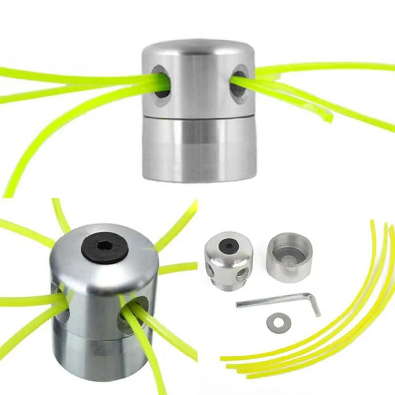 Silver aluminium Luzhu lawn mower trimmer head replacement accessory with four light yellow grass ropes and a wrench.