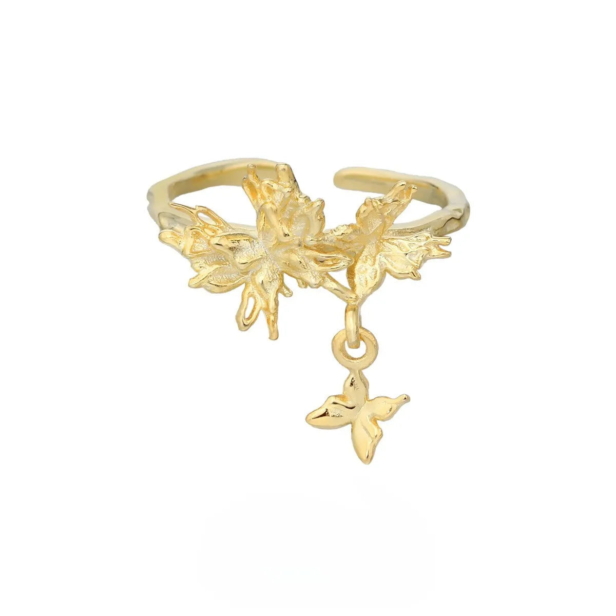 Adjustable open silver ring with a wild butterfly design in a choice of metallic finishes.