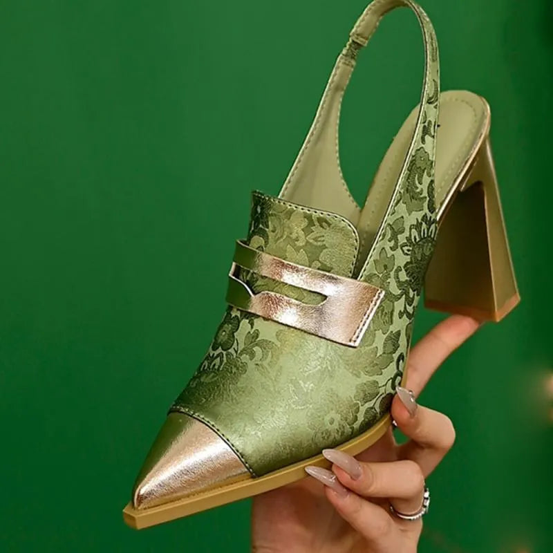 Korean style women's chunky heel sandals with pointed toe and high-cut elastic strap in three colours.