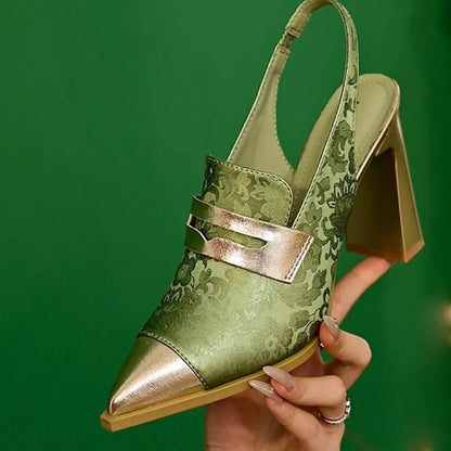 Korean style women's chunky heel sandals with pointed toe and high-cut elastic strap in three colours.