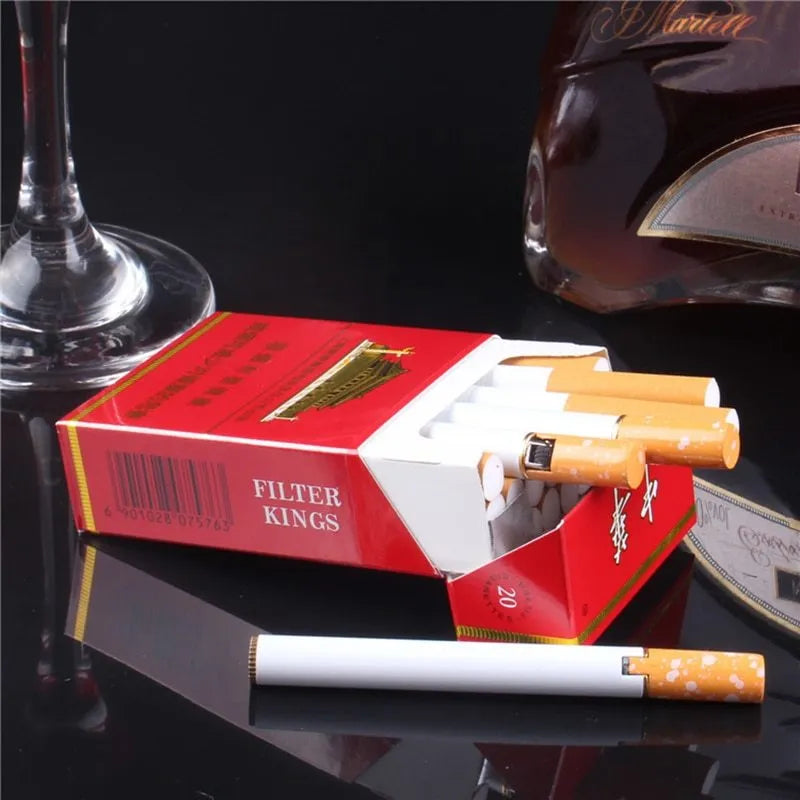 Metal cigarette shaped lighter showing exact cigarette scale and compact design