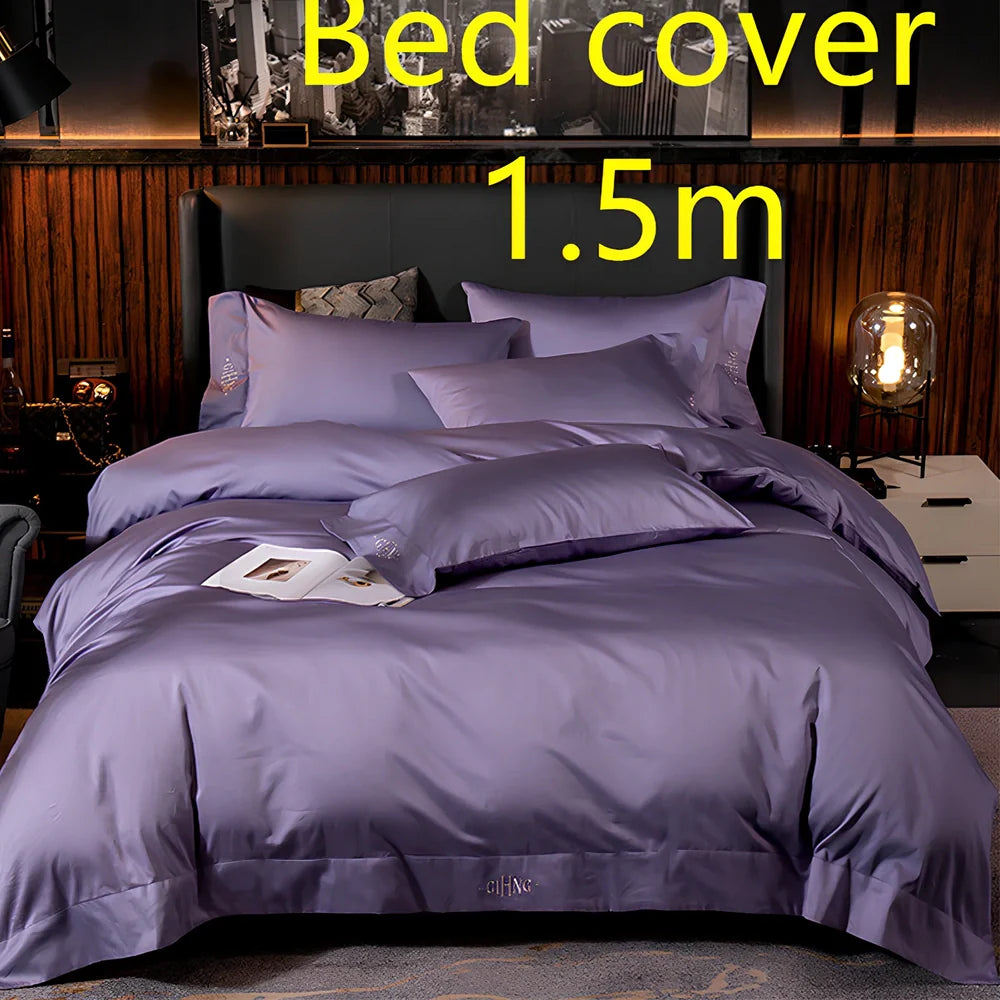 Four-piece cotton bedding set with satin weave fabric showing quilting detail and colour options