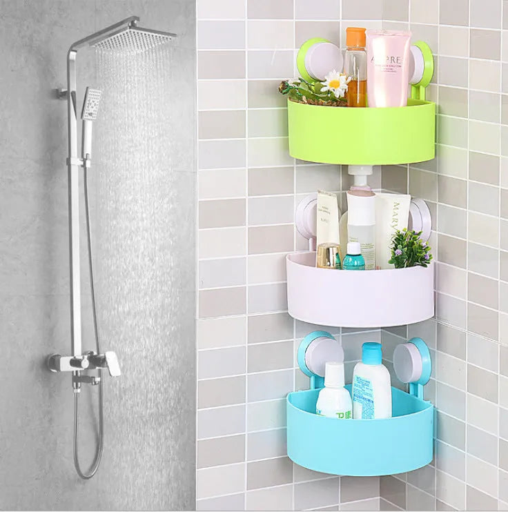 Bathroom corner shelf in blue, green, rose or white, triangle shape, double suckers, drainage holes, 7.5 x 14.5 x 14.5 cm
