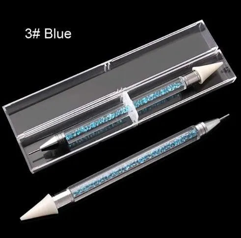Dual-ended nail dotting pen with wax tip and metal picker for diamond painting and rhinestone placement