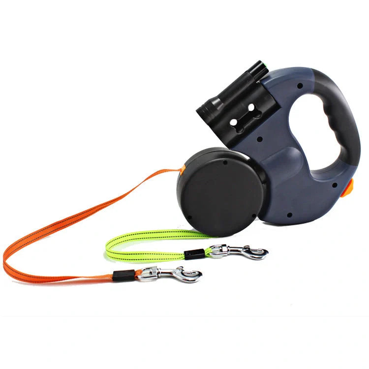 Dual-headed retractable dog leash with LED flashlight for walking two dogs safely at night