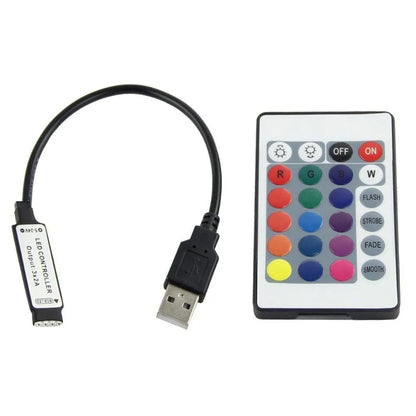 USB-powered flexible LED light strip, 1 metre long, with 50cm USB cable, showing multiple colour options including white and blue.