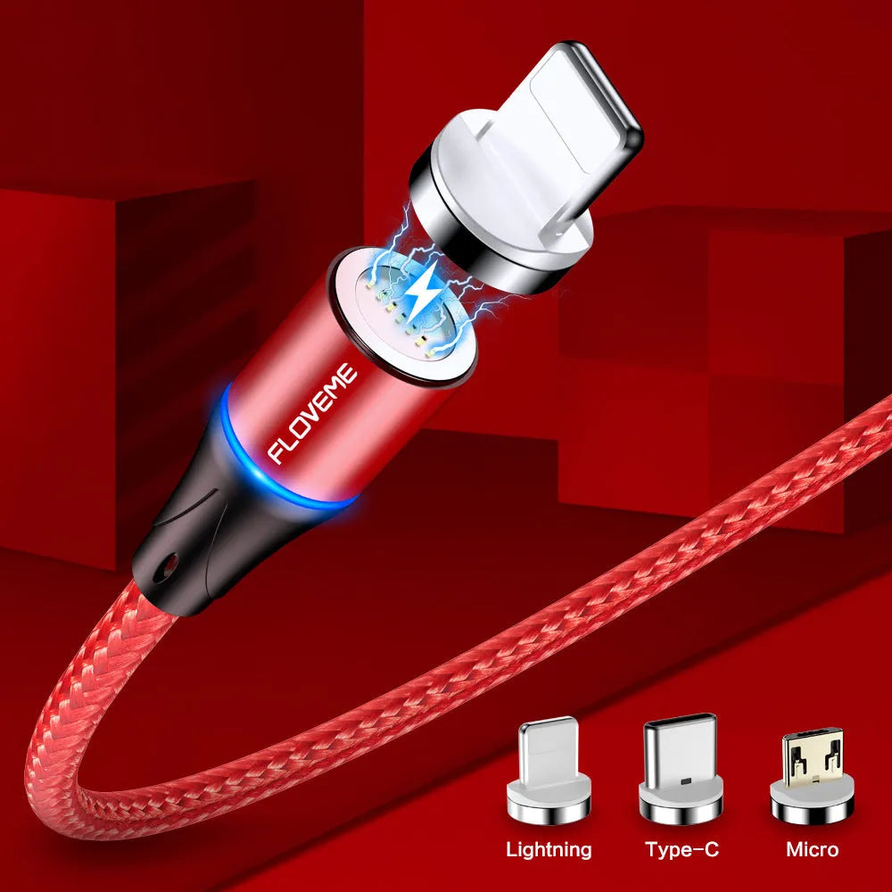 Black magnetic fast charge cable with LED light and three interchangeable tips for iPhone, Android, and Type-C connectors
