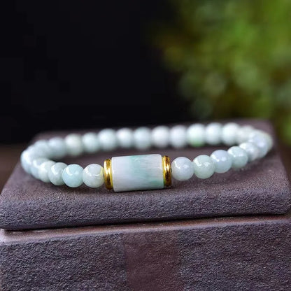 Natural Myanmar jade bracelet with emerald green round ice jade stone beads, unisex ethnic style, handmade.