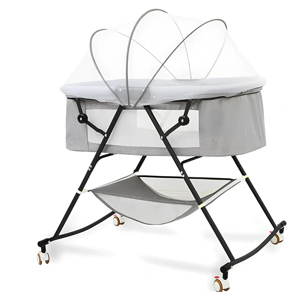 Foldable baby crib with mosquito net and roller wheels in European design